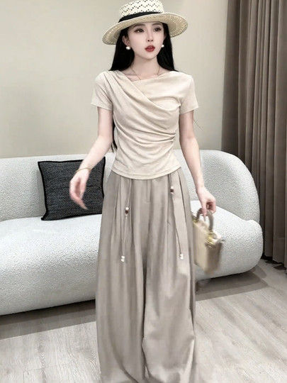 2025夏季新款韩版时尚褶皱短袖上衣搭高腰显瘦阔腿裤休闲两件套装