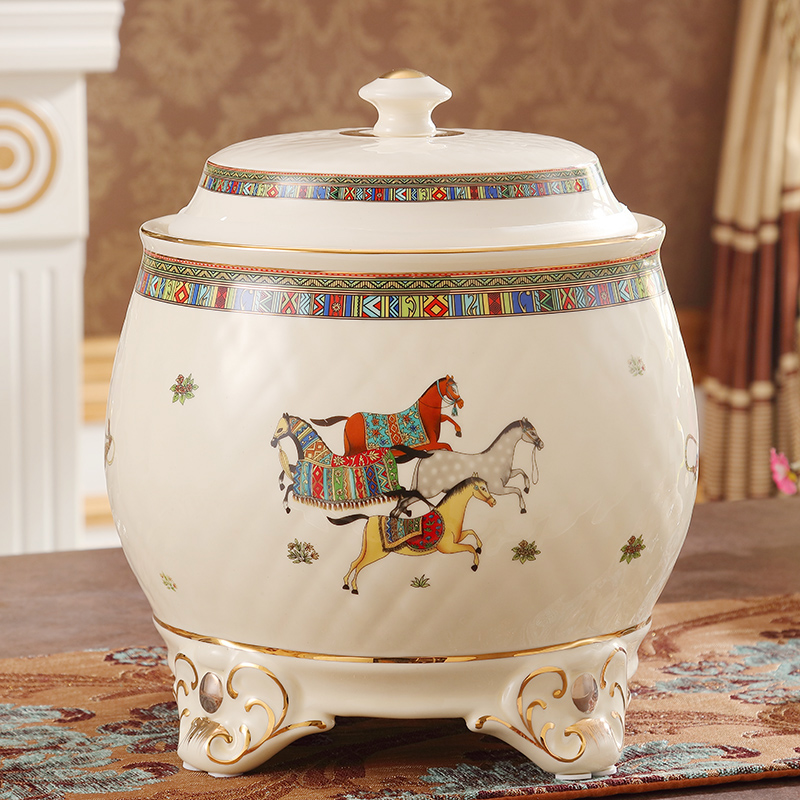 European ceramic rice cylinder covered rice bucket Rice storage box Moisture-proof insect oil cylinder storage tank capacity 10 pounds 20 pounds Kitchen supplies