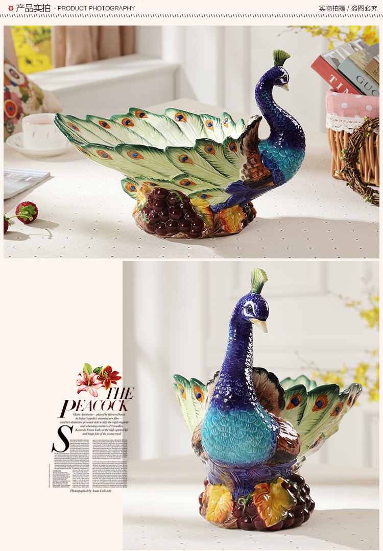 Creative ceramic fruit bowl sitting room of Chinese style compote high - grade household adornment household fruit bowl peacock furnishing articles