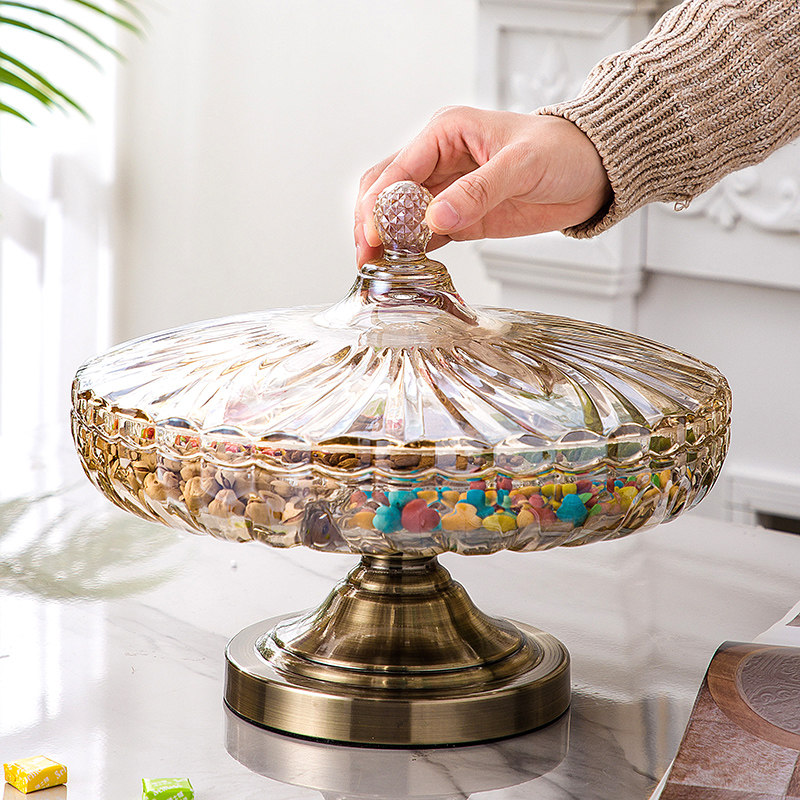 Crystal glass candy box European luxury home coffee table dried fruit plate compartment with lid snack tray storage box