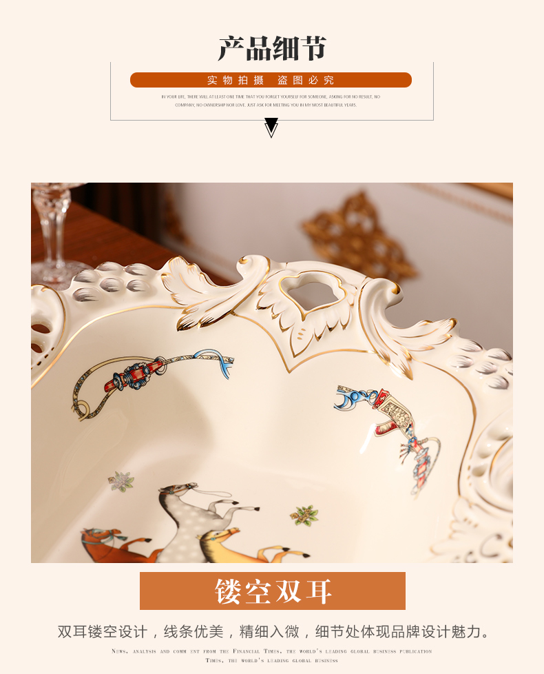 Large key-2 luxury ceramic fruit bowl suit creative living room fruit basin modern European compote three - piece tea table furnishing articles