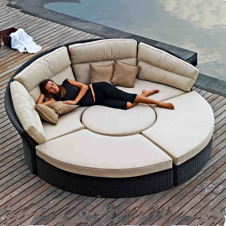 Mái hiên ngoài trời mây châu Âu lớn giường tròn lười biếng giải trí sofa mía ghế biệt thự vườn có thể tháo rời giường tròn bàn ghế xếp ngoài trời