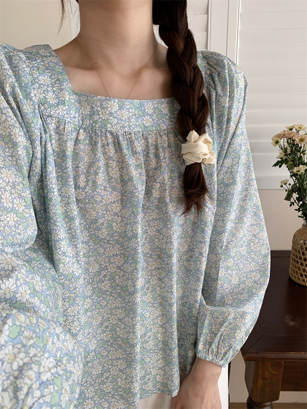 British Liberty Daisy Long-Sleeved Shirt High Count Cotton Spring and Summer Thin Square Collar Cute Floral Top