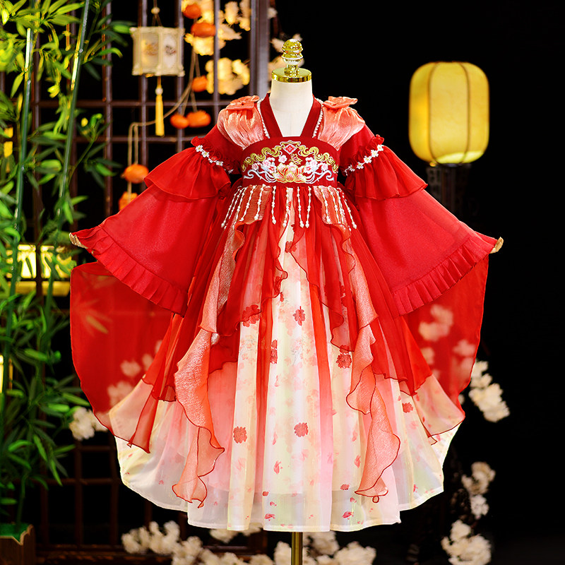 Весенне-осеннее платье Hanfu для девочек, новинка 2025 года, детское платье принцессы с длинной юбкой, платье середины осени, костюм для маленькой девочки