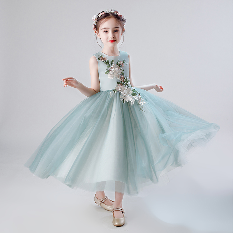 Girl's Princess Lieven Dress Children Suit Fluffy Dress Dress Gown Dress Long Dresses Summer Dress Summer 2022 New Green