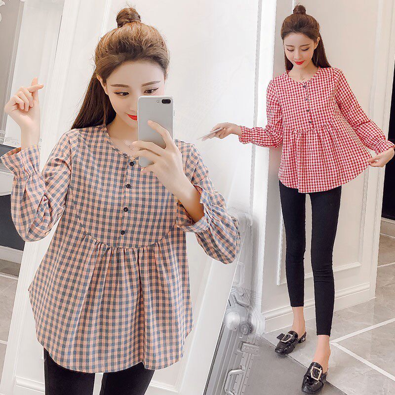 Pregnant women T-shirt autumn long sleeve Korean plaid small jacket doll shirt short cotton linen shirt two-piece set