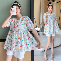  Pregnant womens t-shirt summer short-sleeved Korean version of age-reducing cute fashion doll shirt short loose shirt two-piece set