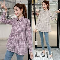  Pregnant womens shirt Spring and autumn long-sleeved Korean plaid cotton and linen maternity dress doll shirt short loose shirt two-piece set
