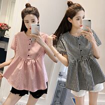  Pregnant womens summer tops Korean loose t-shirts Short-sleeved plaid shirts Pregnant womens tops Short doll shirts two-piece sets