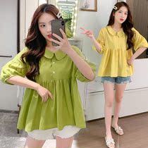  Pregnant womens t-shirt summer short-sleeved Korean version of small fresh cotton and linen cute doll shirt short loose shirt two-piece suit