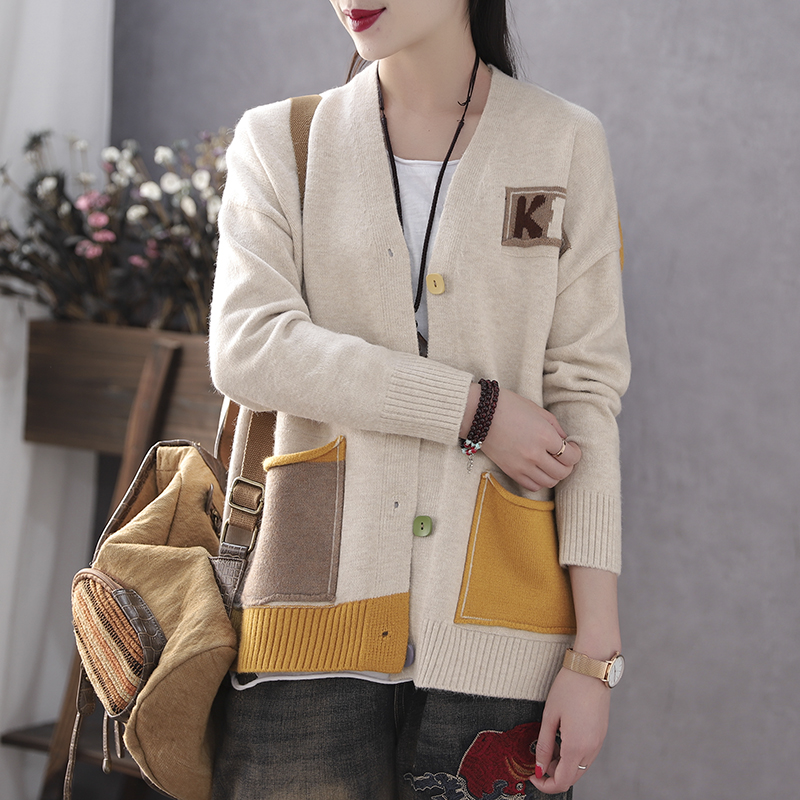 Han Sawyer Vintage mùa xuân văn học cardigan áo khoác lỏng lẻo gấu màu áo len gió lười biếng phụ nữ áo len của