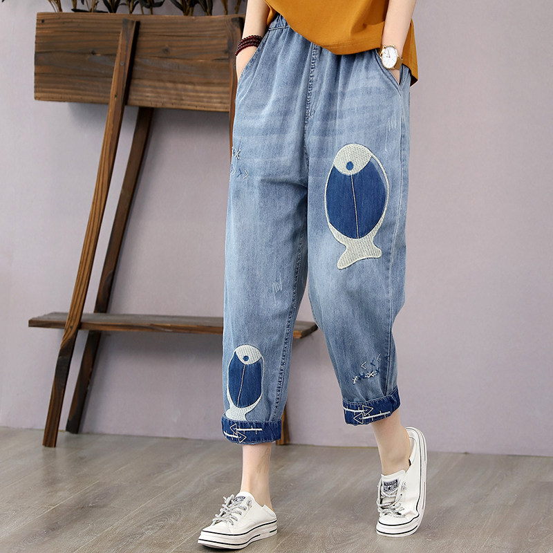 Hanso Yi Renaissance Embroidery Fish High Loose Seven-Minute Jeans Woman Summer Thin Harlem Trouser