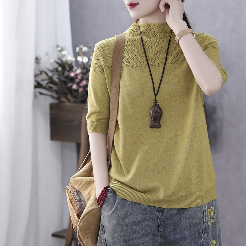 Han Soyi retro art early spring new 50% sleeves wool knitted sweatshirt woman high collar bottom shirt with thin hollowed-out blouse