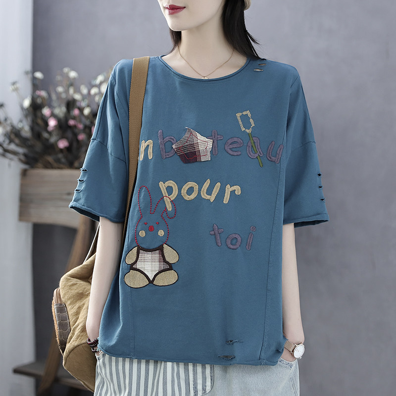 Han Soi retro summer new cloth patch embroidery terry cotton top hole loose five-point sleeve short-sleeved t-shirt women