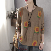 Han Suoyi Retro Art Spring New Printed Sunflower V-Neck Backing Shirt Women's Wool Knitted Shirt Thin Sweater