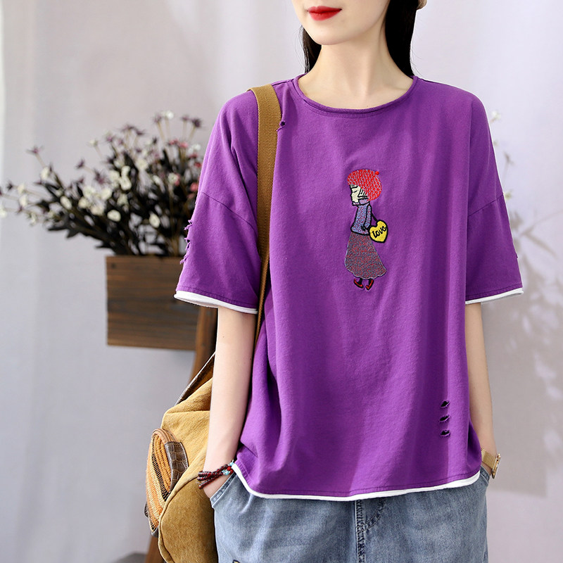 Hanso Yi Red Han Fan Summer Red Hat embroidery design of girls short sleeve T - shirts relaxed leisure round collar coat