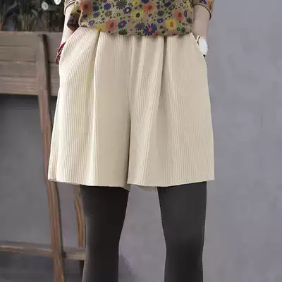 Han Suoyi literary shorts women's autumn and winter high waist wear loose short corduroy casual wide leg pants