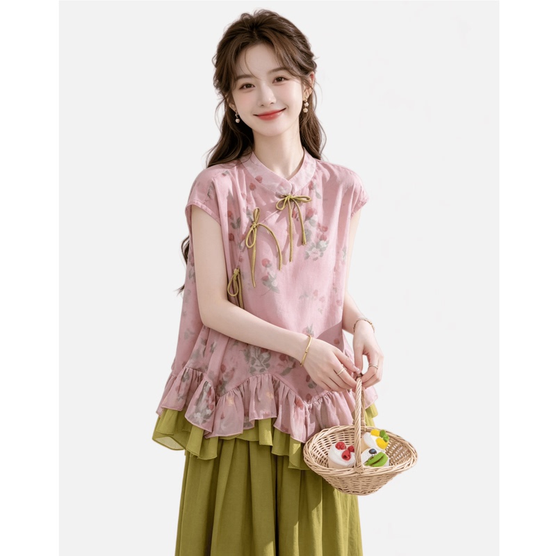 2026 Summer New Style National Style Printed Ruffled Top and Wide-Leg Pants, Elegant Casual and Age-Reducing Women's Two-Piece Set