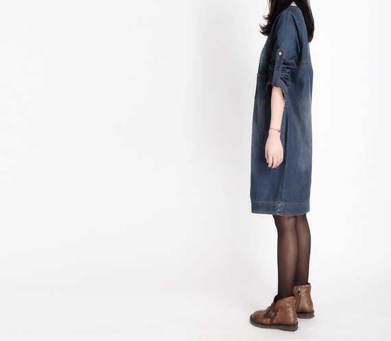 Mùa xuân và mùa thu béo mm kích thước lớn của phụ nữ lỏng lẻo váy dài tay denim dài tay retro mài váy denim trắng mỏng váy sơ mi dáng dài