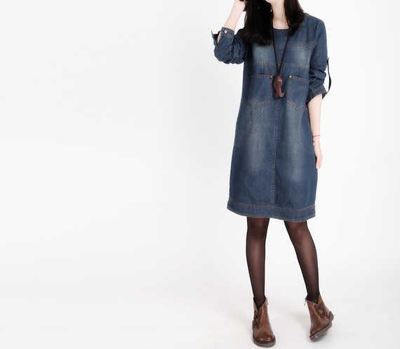 Mùa xuân và mùa thu béo mm kích thước lớn của phụ nữ lỏng lẻo váy dài tay denim dài tay retro mài váy denim trắng mỏng váy sơ mi dáng dài