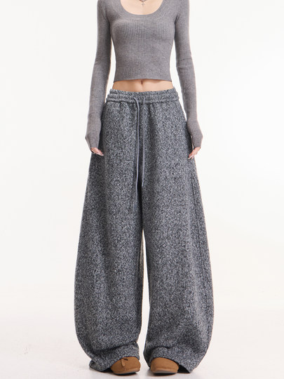 Kenabstudio Autumn and Winter New Gray Wide-Leg Casual Pants for Women, Thickened and Fleece-Lined, Elastic Waist Scimitar Pants