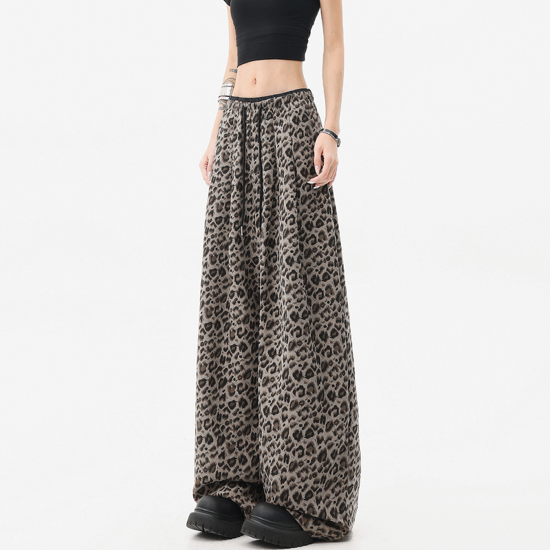 Kenabstudio Spring and Summer High Street American Retro Leopard Print Casual Pants for Women, High-Waisted, Loose, Slimming Wide-Leg Pants