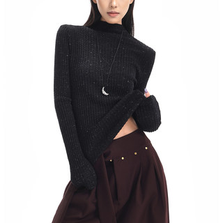 Ken Studio New Autumn and Winter Black Long-Sleeved Sweater for Women with Textured Half-High Collar and Slim Fit Knitted Top