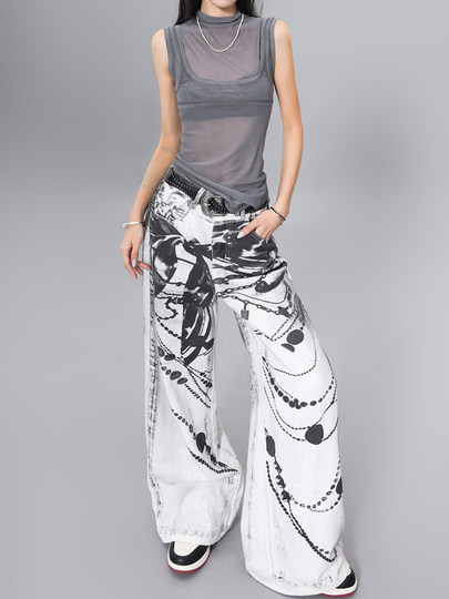 Ken Studio Ink Print Design Washed Jeans for Women Summer Street High-Waisted Loose Slimming Pants