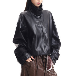 Kenabstudio Autumn and Winter New Black Pu Leather Jacket Women's High Collar Loose Slimming Short Jacket Top