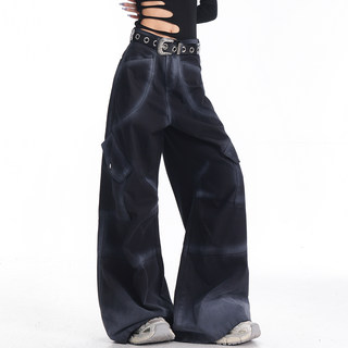 Ken Studio Autumn and Winter New American-Style Black Wide-Leg Cargo Pants for Women with Gradient Design Versatile Floor-Length Pants
