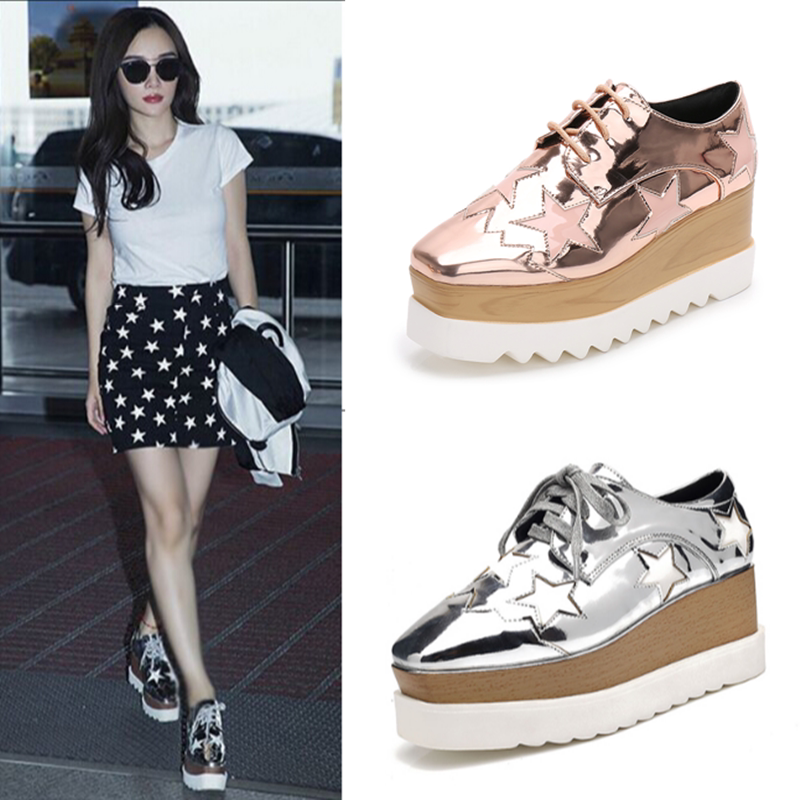 Fang Bingbing and Yang Ying's Same Style Star Shoes, Platform Shoes for Women, Spring Thick-Soled Versatile Wedge Shoes, British Style Lace-Up Comfortable Shoes