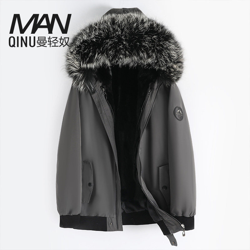 The pie overcomes the male short section with the cap fox fur collar water mink liner Removable Mink Fur Coat Leather Grass Thickened Coat Winter