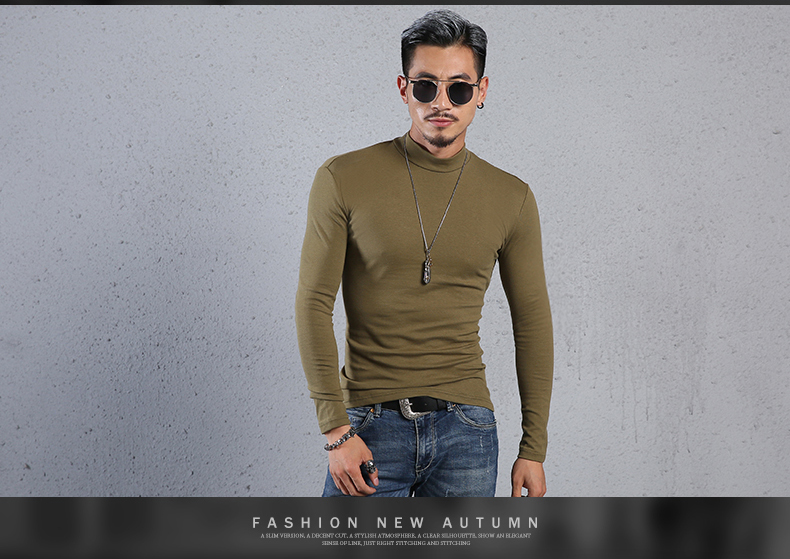 Mùa thu Slim màu rắn nửa cao cổ áo dài tay t-shirt nam cotton tight-fitting đáy xu hướng áo sơ mi trong cổ áo mùa thu quần áo kích thước lớn triều