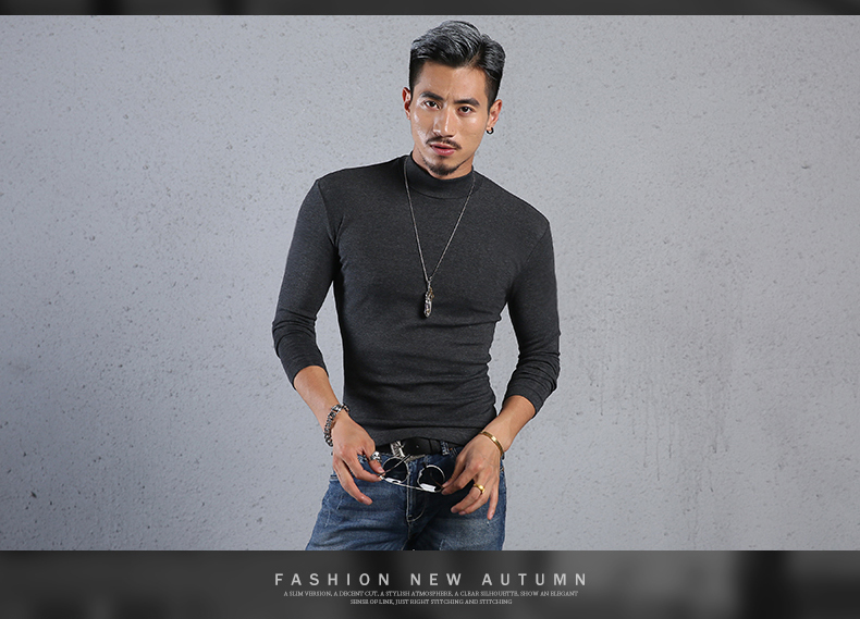 Mùa thu Slim màu rắn nửa cao cổ áo dài tay t-shirt nam cotton tight-fitting đáy xu hướng áo sơ mi trong cổ áo mùa thu quần áo kích thước lớn triều