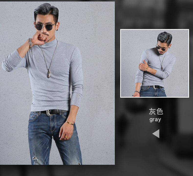 Mùa thu Slim màu rắn nửa cao cổ áo dài tay t-shirt nam cotton tight-fitting đáy xu hướng áo sơ mi trong cổ áo mùa thu quần áo kích thước lớn triều