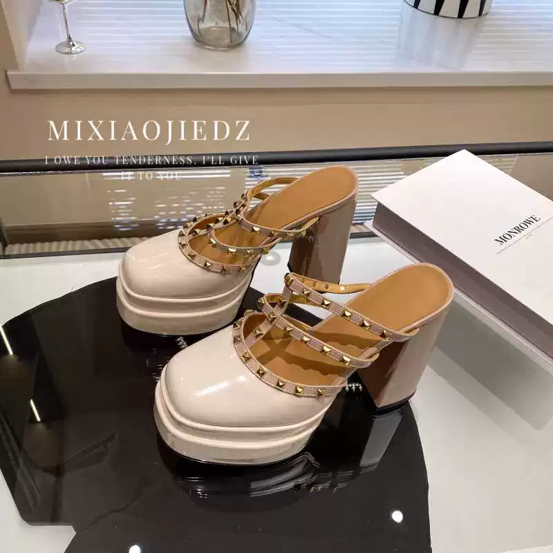 Женские летние новые стиль sandals для верхней одежды 13см цветной блок rivet высокие каблуки водонепроницаемая платформа носок-носок сандалии толстая подошва женские туфли
