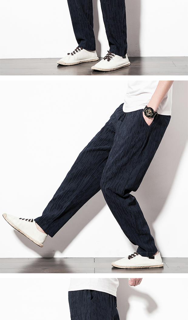 2019 phong cách Trung Quốc quần linen nam chân lỏng quần harem cotton cotton củ cải rộng chân quần đỏ thủy triều - Quần mỏng quần nam ống rộng