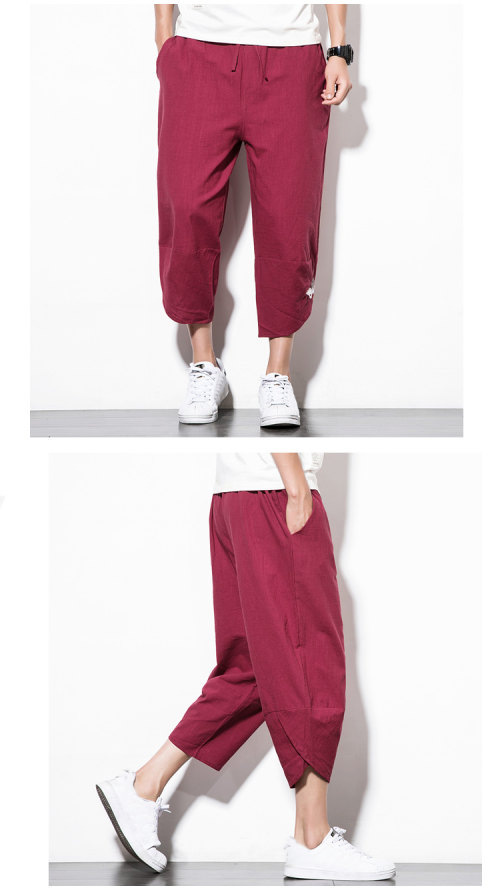 Phong cách Trung Quốc mùa hè bảy quần short trẻ trung kích thước lớn cotton và lanh rộng chân rộng quần chín thêu thêu quần áo nam