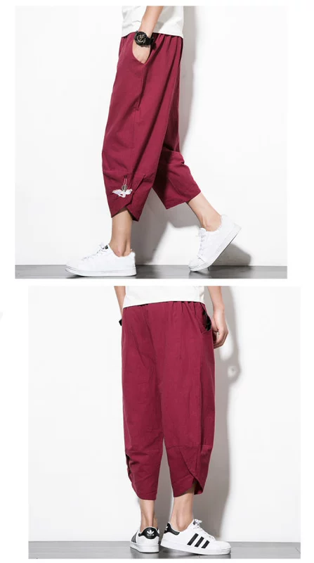 Phong cách Trung Quốc mùa hè bảy quần short trẻ trung kích thước lớn cotton và lanh rộng chân rộng quần chín thêu thêu quần áo nam hàng hiệu