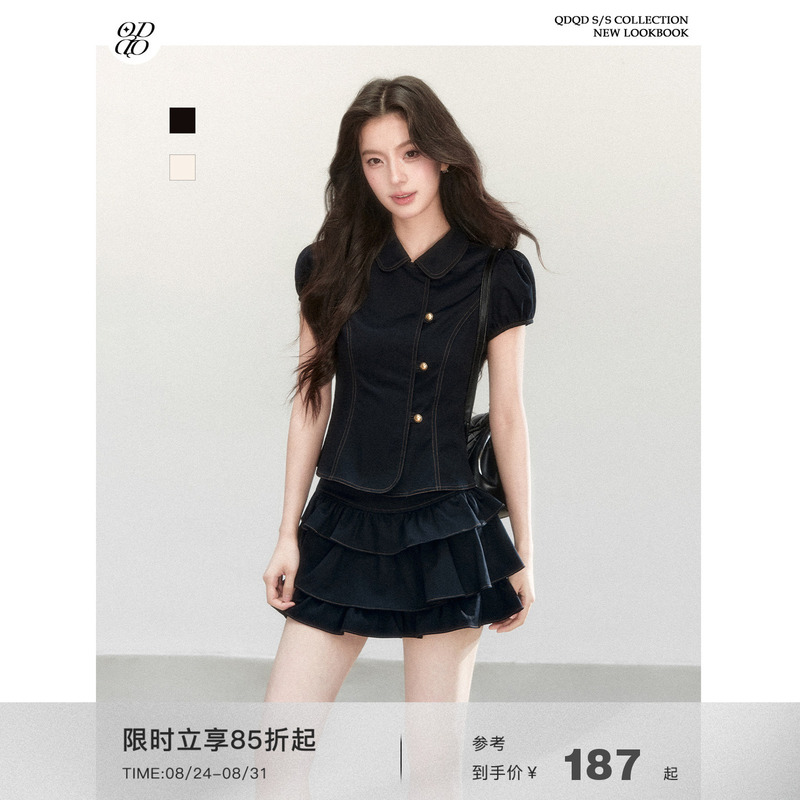 Qdqd Sweet and Cool Preppy Style Suit Retro Doll Collar Waist-Cinching Short-Sleeved Shirt Girly Cake Skirt Summer