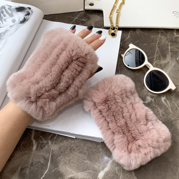 Korean ins winter rex rabbit fur gloves cute plush rabbit fur warm half-finger gloves elastic wrist