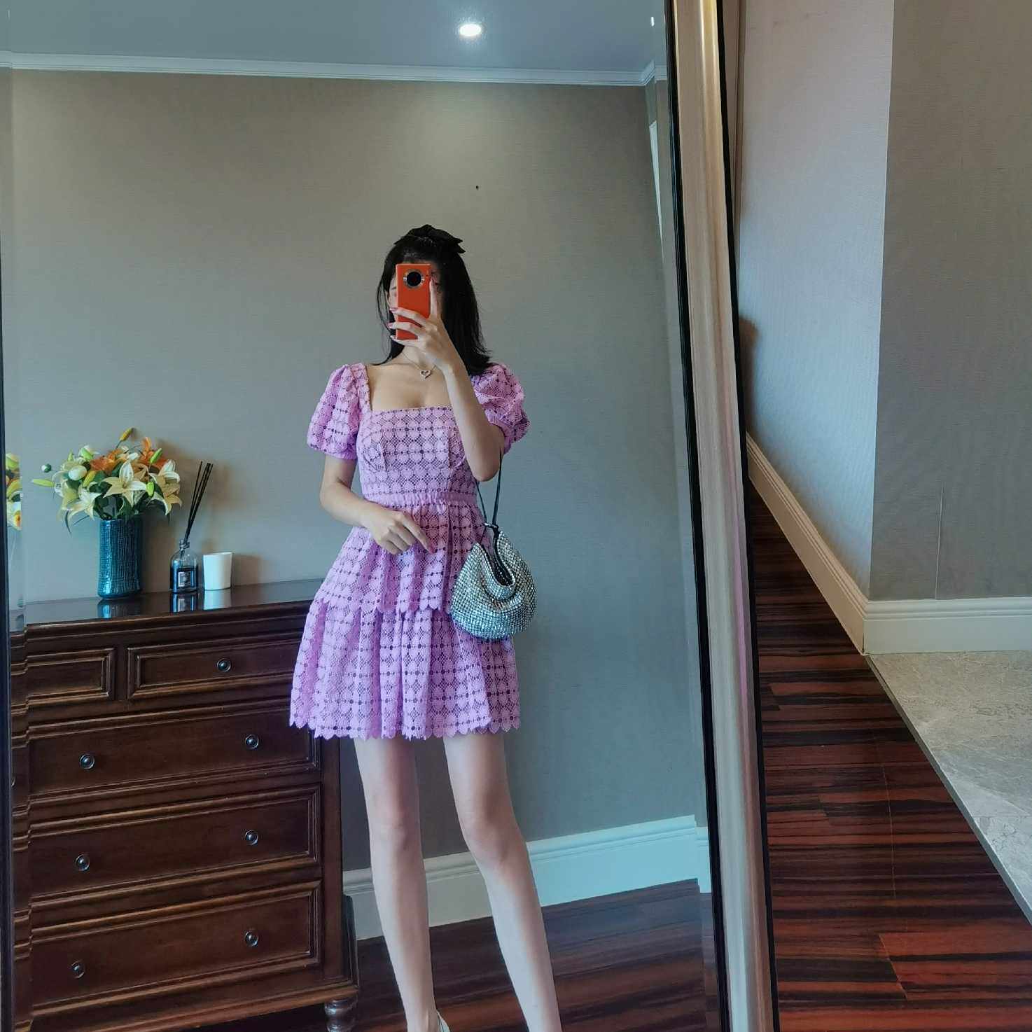 SP25 season 20 summer women's water-soluble flower lace square collar bubble sleeve dress