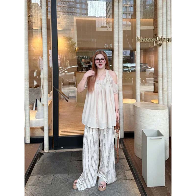 Plus Size 150kg Women's Korean Style Old Money Style Beaded Off-Shoulder Short-Sleeved Summer New Loose Slimming Top for Fat Women