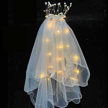 Luminous double-layer pearl veil net red lighted soft gauze glitter veil girl dress tassel pearl crown headpiece