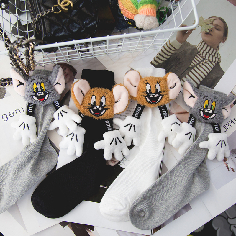 Personalized Creative DIY Handmade Accessories Tom and Jerry Clapping Style Mid-Calf Socks Black and White ins Trendy Outerwear Long Socks