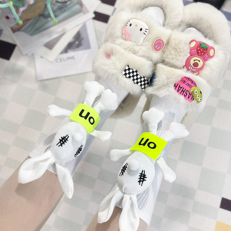 Rabbit Plush Toy High Socks Stylish Outerwear Trendy Sports Black and White Mid-Calf Socks for Women