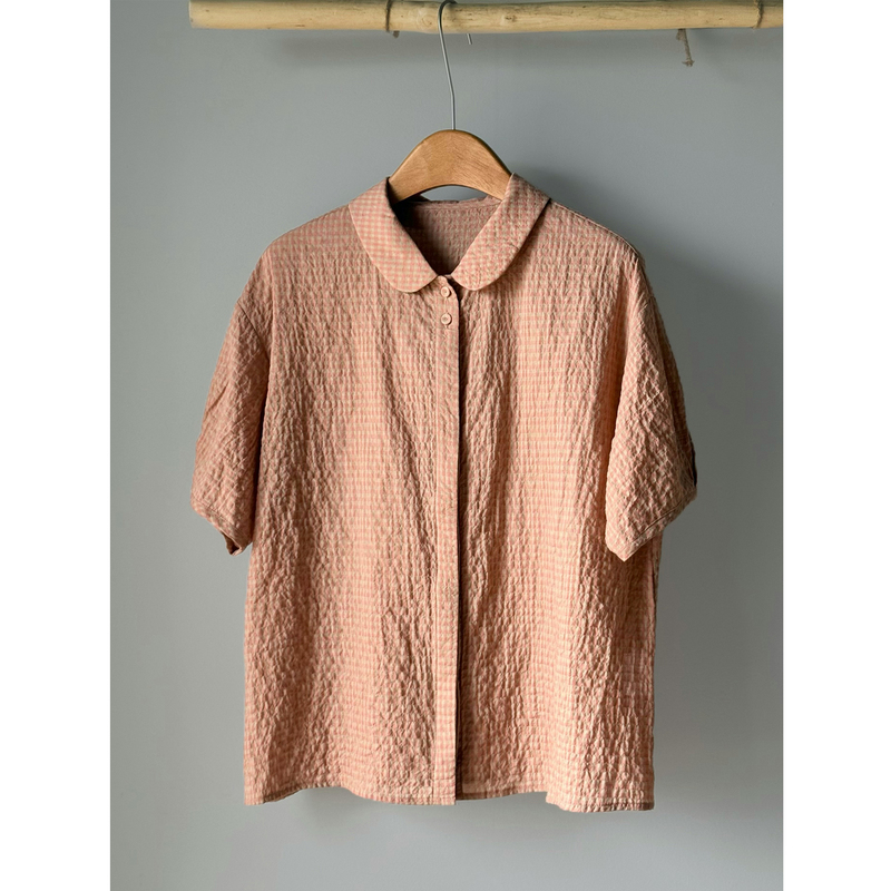 Hitchy Still Imports Yarn-Dyed Small Check Doll Collar Loose Open-Front Lightweight Cotton-Linen Short-Sleeve Shirt for Women