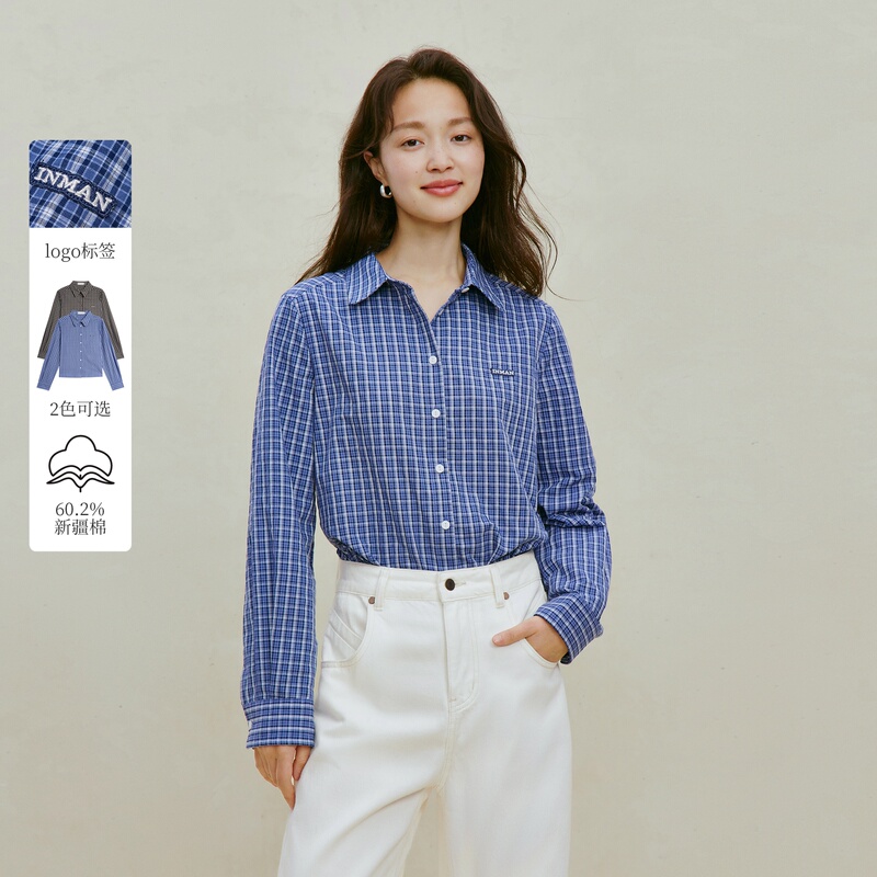 Inman High-Intelligence Blue Plaid Long-Sleeved Shirt Jacket for Women 2026 Autum New Style Preppy Style Retro Shirt Inman High-Intelligence Blue Plaid Long-Sleeved Shirt Jacket for Women 2026 Autum New Style Preppy Style Retro Shirt