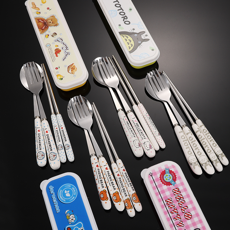 Korean-Style Chinchilla Stainless Steel Chopsticks Set, Cute Fork and Spoon, Korean Student Portable Tableware Three-Piece Set with Travel Box