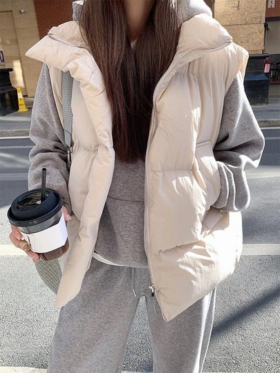 Stehkragen, weiße Oberbekleidung, Baumwollweste, Damen-Winter, lässig, locker, vielseitig, schwarzer Mantel, ärmelloses Weste-Top